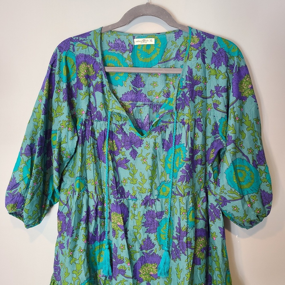 Natural Life Auguste Cotton Mini Dress Sz XL Green Boho Granola Gypsy Fairy - Picture 2 of 9